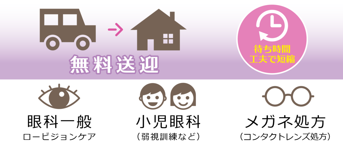 往診・無料送迎　眼科一般（ロービジョンケア）　小児眼科（弱視訓練など）　メガネ処方（コンタクトレンズ処方）